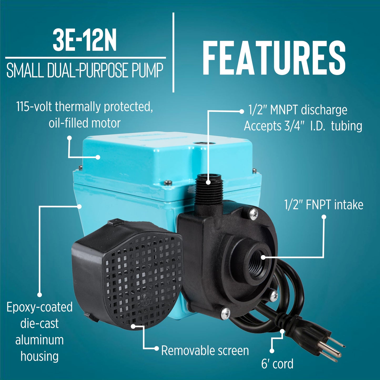 Little Giant 3E-12N, 115-Volt, 1/15 HP 500 GPH Oil-filled Direct Drive In-Line or Submersible Pump with 6-ft. Cord, Blue, 503103