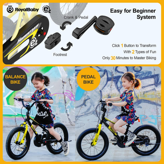 RoyalBaby EZ Kids Bike, 14 Inch Balance Pedal Convertable Bicycle, Easy Learn Balancing to Biking Boys Girls Ages 3-5 Years Beginners, 14" Wheel Pink