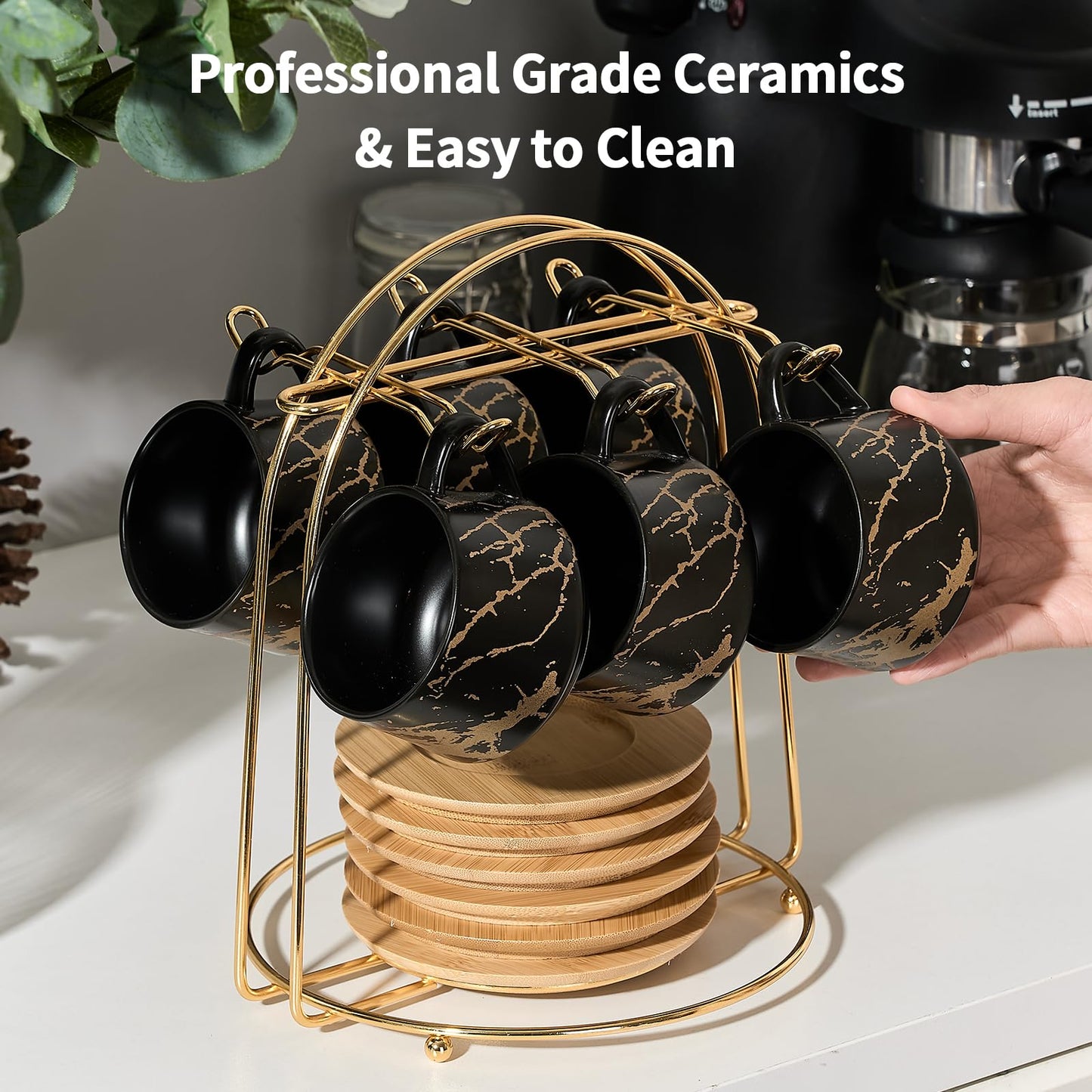 LUKA Ceramic Espresso Cups with Saucers and Metal Stand, Small 4 oz Porcelain Demitasse Cups Set of 6, Cute Cappuccino Coffee Cups for Double Espresso, Tea, Marbling Black