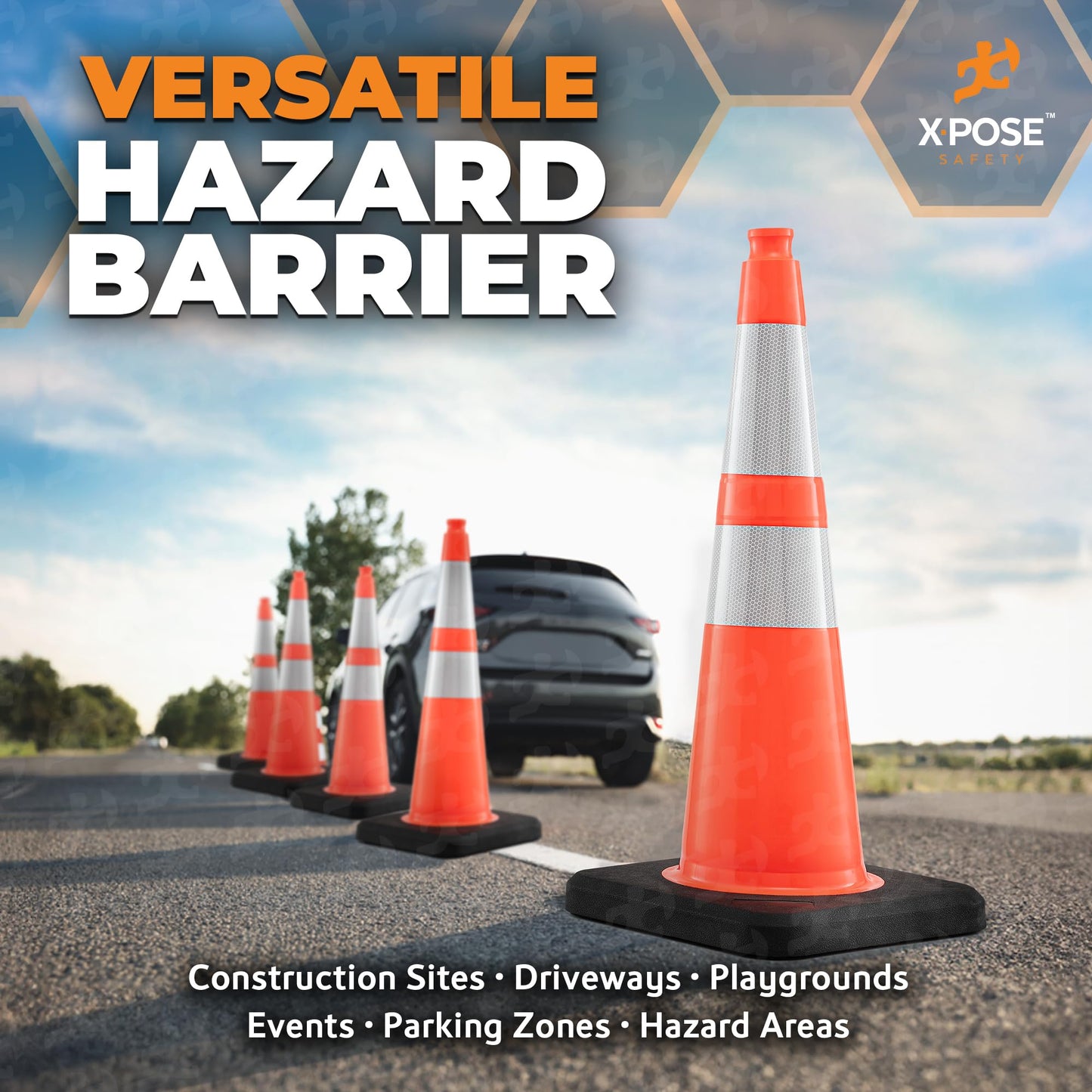 Xpose Safety 28 Inch Orange Slim Line Traffic Cones Heavy Duty 10lb with 6" & 4" Collars, 4 Pack Multipurpose PVC Plastic Safety Cone for Parking, Soccer, Caution, Kids & Construction - DOT Approved