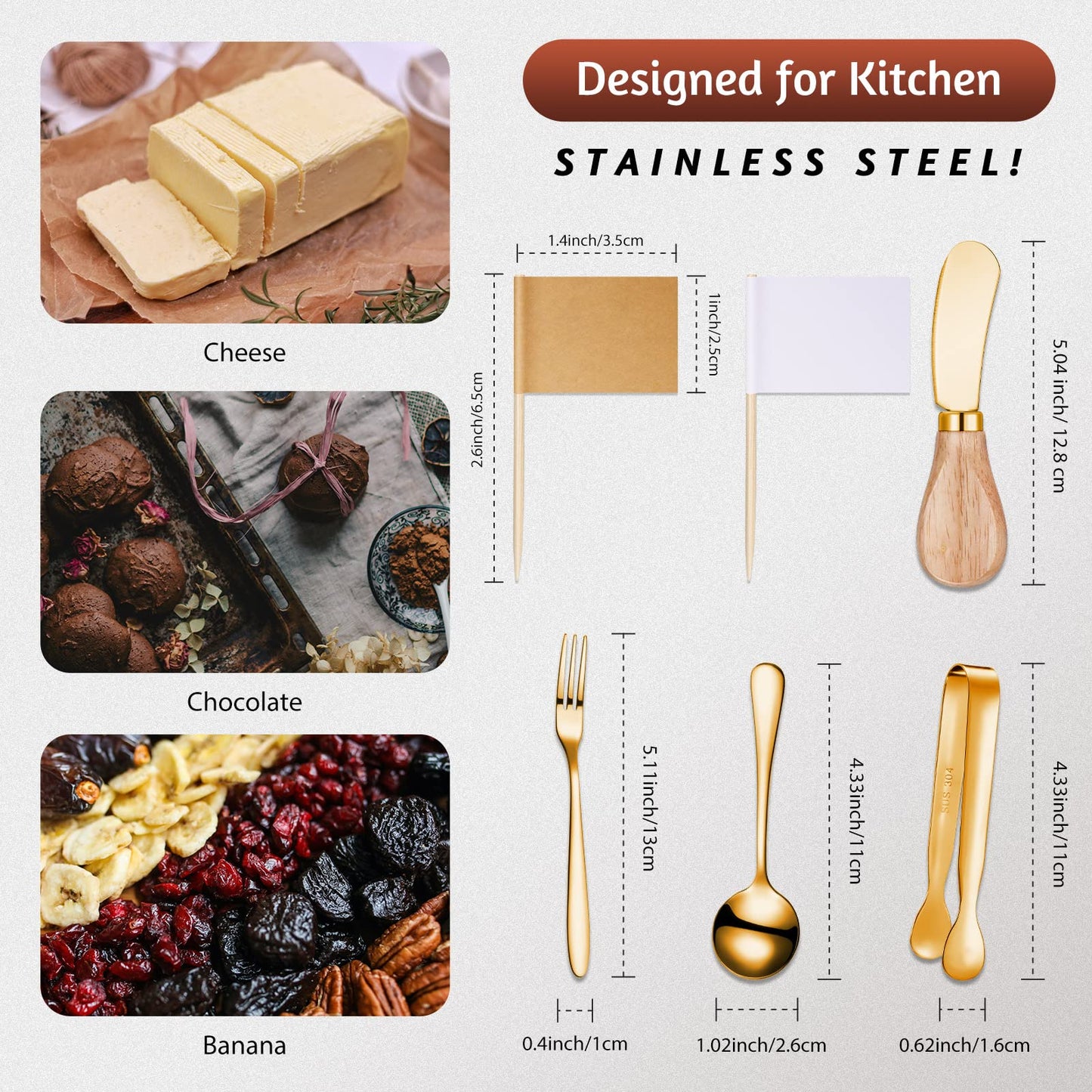 Cheese Butter Spreader Knives Set Charcuterie Accessories Stainless Steel Spreader Knives with Wooden Handles Charcuterie Boards Utensils Mini Serving Tongs Spoons and Forks (Gold,14 Pieces)