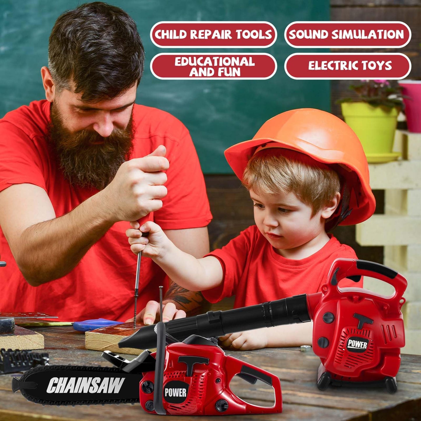 Arrowbash 4 Pcs Toy Gardening Tool Set for Kids Toy Leaf Blower Chainsaw Weed Trimmer Hedge Trimmer Battery Play Set Summer Birthday Party Gift for Boys Girls