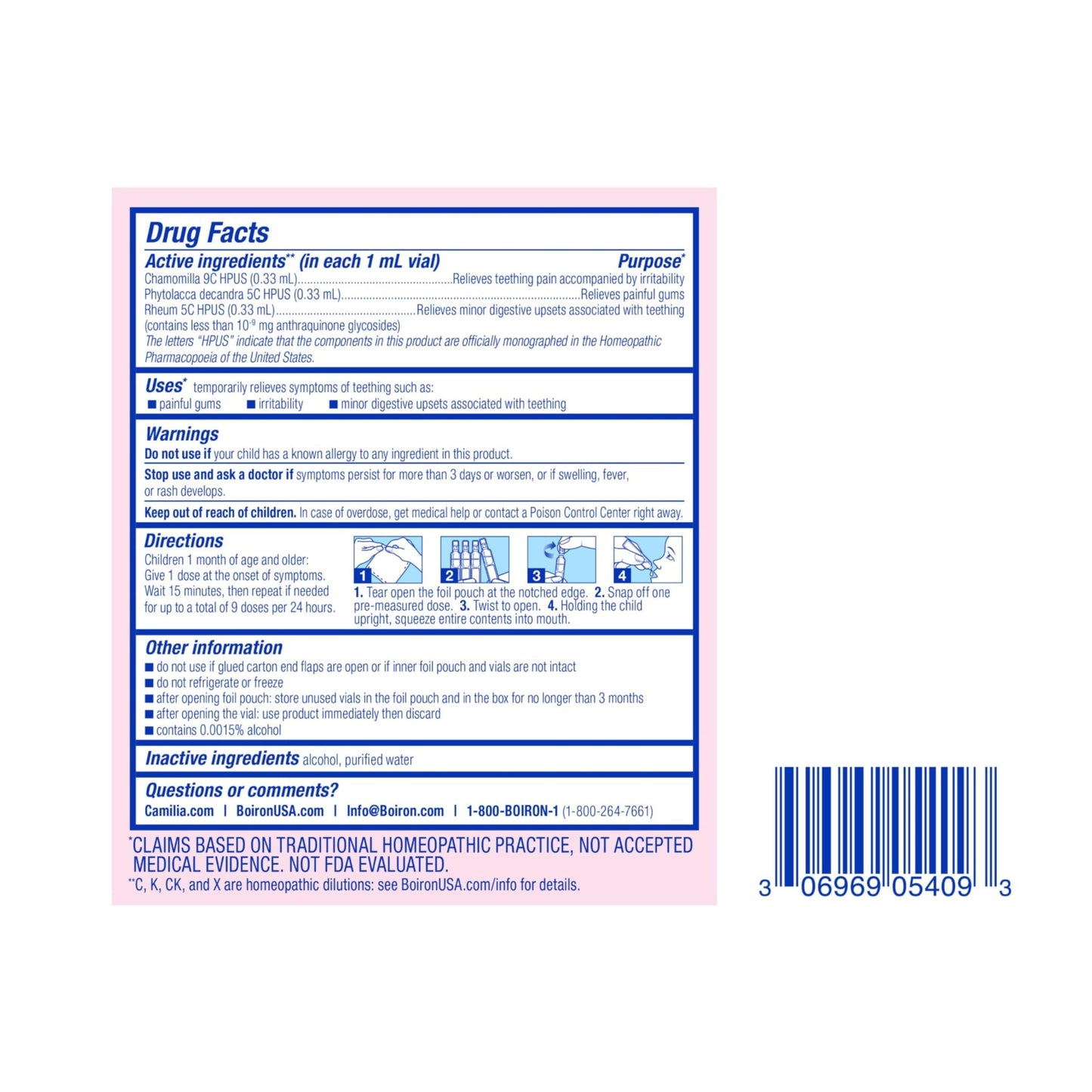 Boiron Camilia Teething Drops for Daytime and Nighttime Relief of Painful or Swollen Gums and Irritability in Babies - 30 Count
