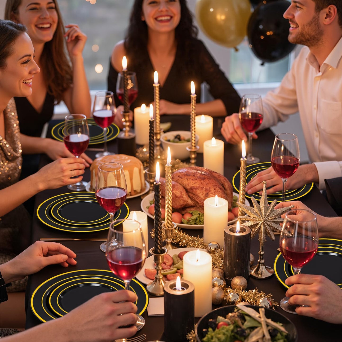 350 Pieces Black and Gold Plastic Plates with Disposable Silverware, Include 50 Dinner Plates 9”, 50 Dessert Plates 6.3”, 50 Black Cups 9 OZ, 50 Pre Rolled Napkins for Wedding Party Graduation