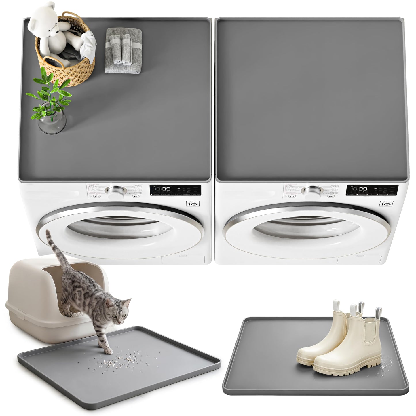 NAMTSO 2 Pack Washer and Dryer Covers Rubber Mat - 27x27 Inch Soft Silicone Tray, Front Load Washer Dryer Topper for Laundry Room, Waterproof Cat Litter Mat, Non-Slip Shoe Mat for Home, Gray