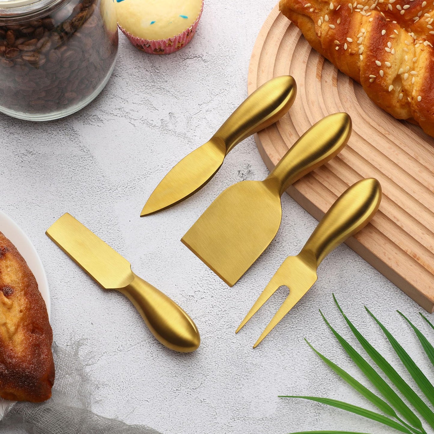 Funnymoom 4 Pcs Gold Cheese Knives Set Stainless Steel Cheese Tools with Cheese Slicer and Cheese Cutters for Kitchen Cheese Board Knife Set for Kitchen Charcuterie Board Accessories Housewarming Gift