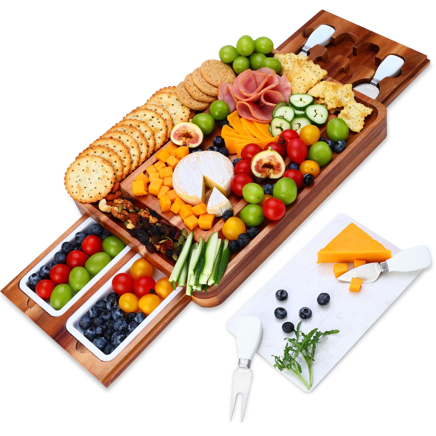 hecef Cheese Board Set Acacia Wood - Large Charcuterie Board with Stainless Steel Knife Set, Thick Wooden Server - Fancy House Warming, Birthday Choice for Gourmets, Feast, Cheese Serving
