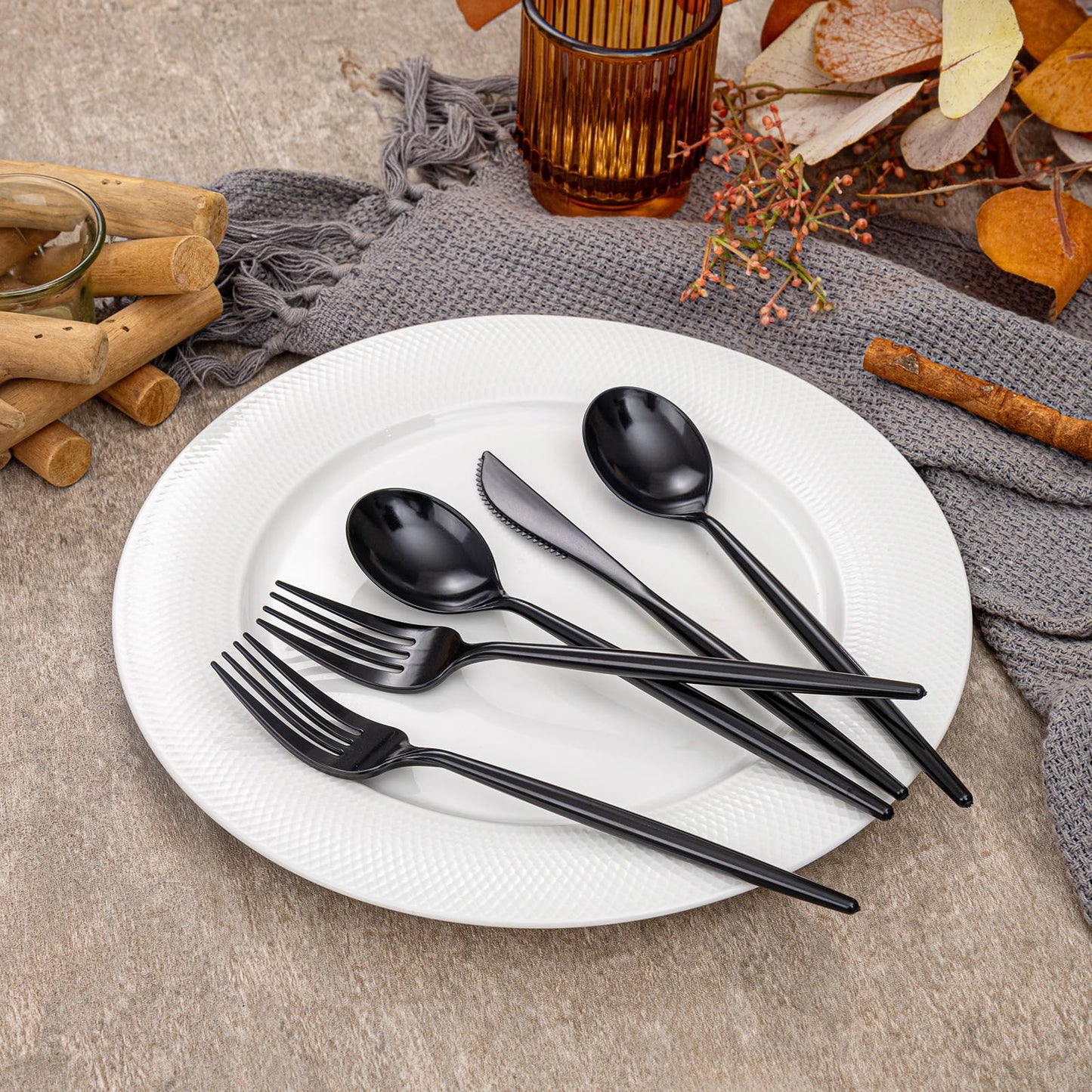 Rubtlamp 90Pcs Plastic Black Silverware, Graduation Disposable Cutlery, Utensils Heavy Duty include 30 Disposable Knives,60 plastic Forks and Spoons, Black Cutlery For Graduation Party