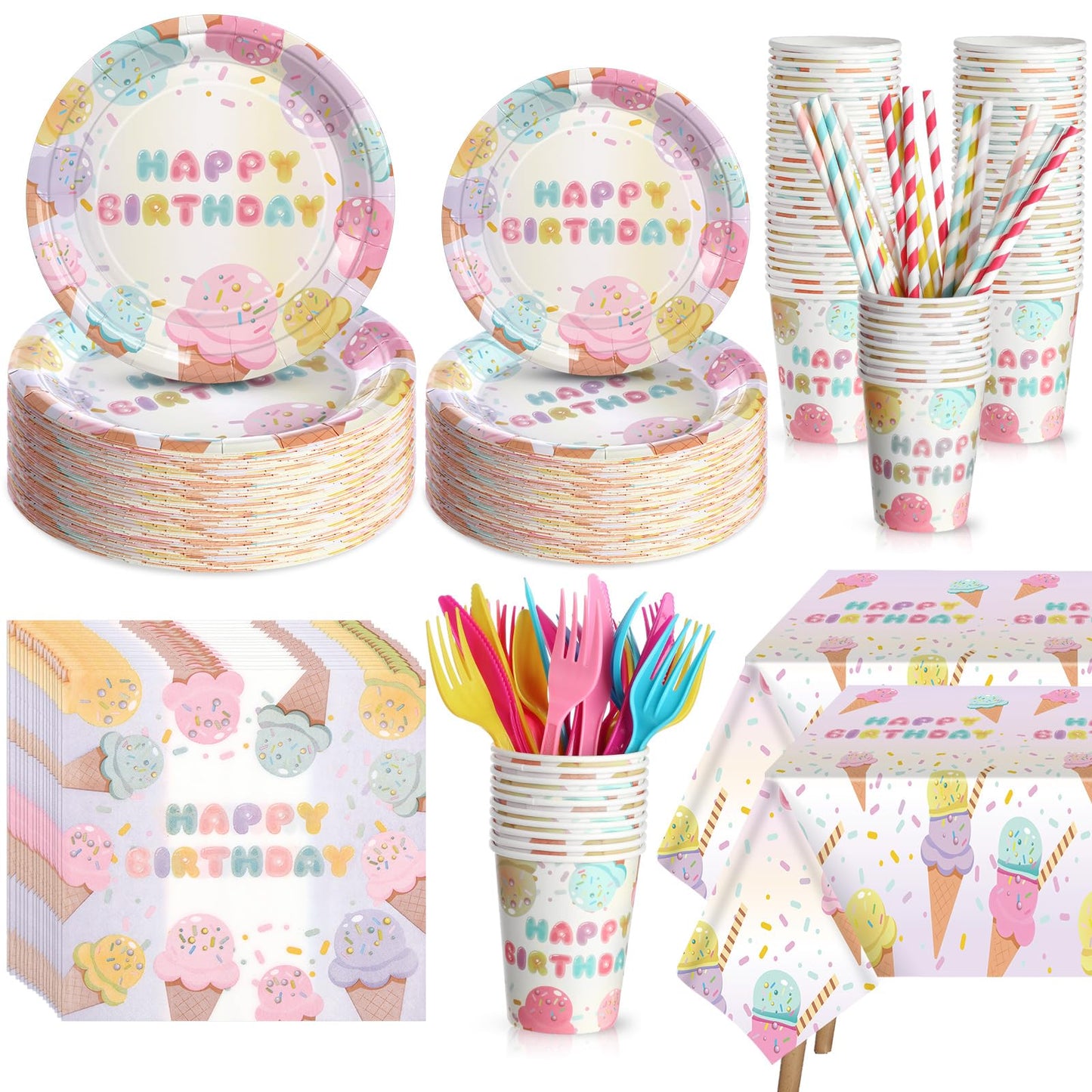 LOYIM 194 Pcs Ice Cream Birthday Party Decorations Supplies 24 Guest Disposable Dinnerware with Ice Cream Tablecloth Paper Plates Cup Napkin Plastic Fork Knives Spoon for Grow up Party Shower