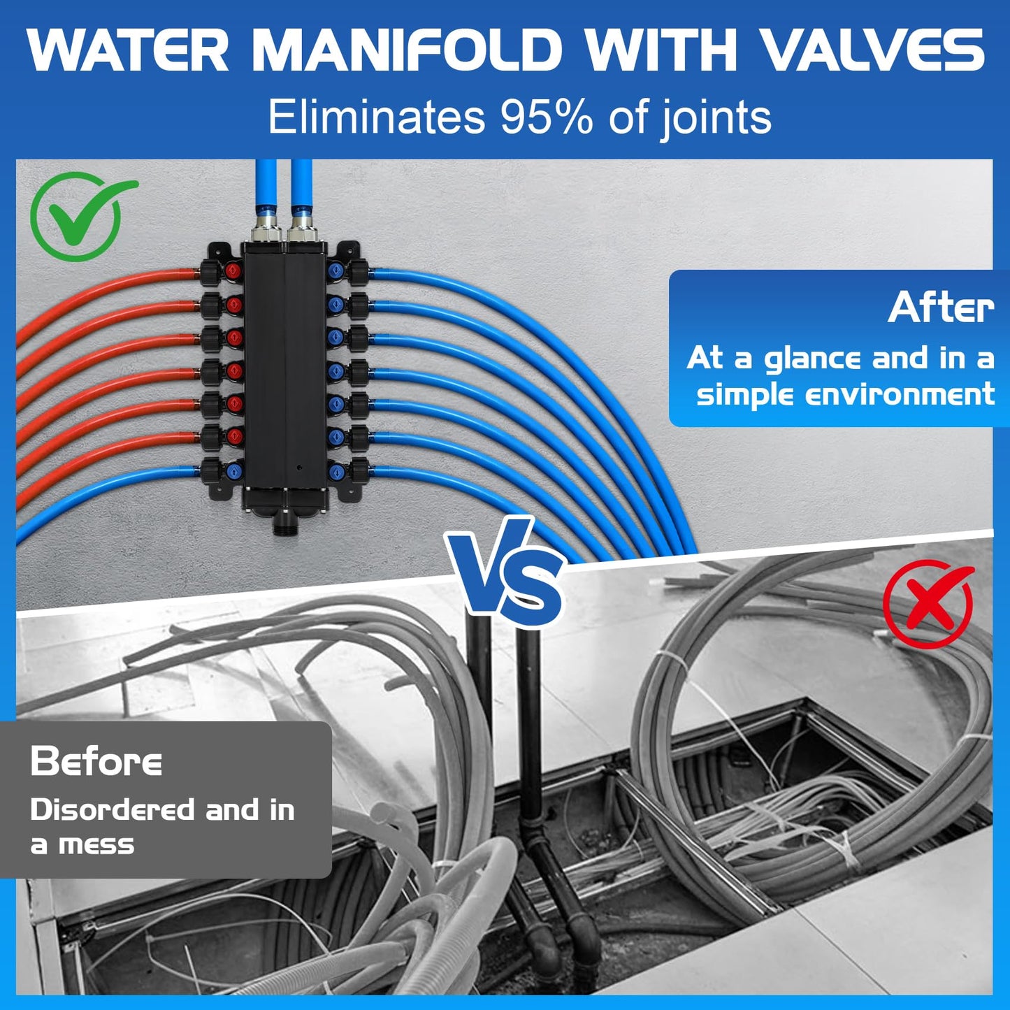 50143 Pex Manifold Compatible with Viega Manabloc, Homerun Distribution Pex Manifold with Valves, 1/2-Inch Zero Lead Poly Alloy PEX Crimp With 14 Ports Adapters(8 Cold, 6 Hot),Suitable for crimping