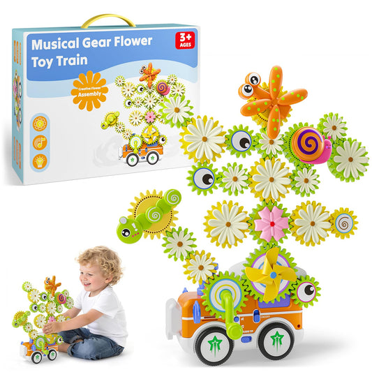 Gears Building Toys for Kids Ages 3+, STEM Construction Set for Toddlers, Train and Flower Models with Electric & Manual Modes, Lights and Music, DIY Educational Learning Toys Gift for Boys and Girls