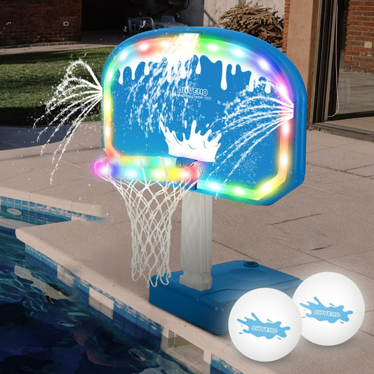 OHYEMO LED Pool Basketball Hoop with 3-Way Sprinkler, Oversized Pool Basketball Game Set with 14in LED Rim/2 Glow Balls/Water-Filled Base/Pump, Light Up Pool Games Toys for Teens Adults, Inground Pool