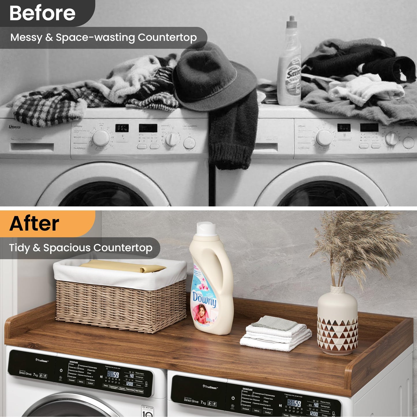 Washer Dryer Countertop, 27.5"x54" Wood Washer and Dryer Countertop with 2.95" Edge Rails, Laundry Machine Topper with Rounded Corner for Laundry Room Organization and Storage, Walnut