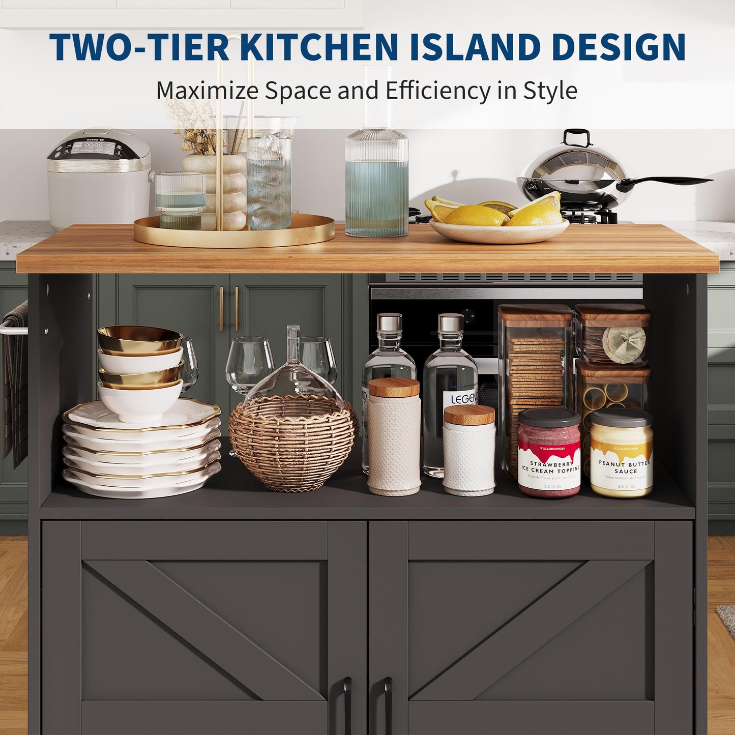 Garvee Rolling Kitchen Island with Storage Cabinet, 40.4'' Width Kitchen Cart, Portable Mobile Kitchen Island with Towel Rack, Wood Top and Lockable Wheels for Kitchen, Dining Room