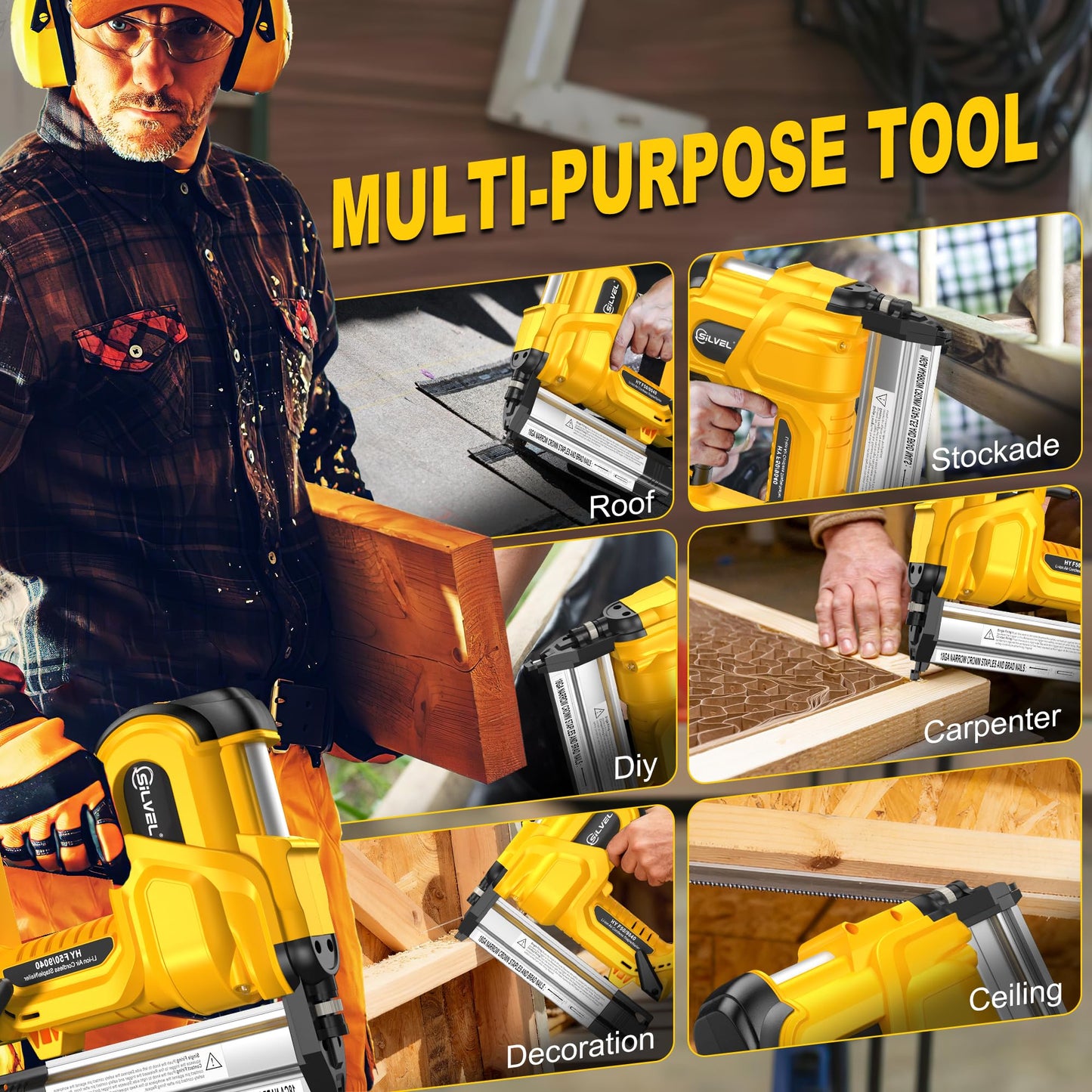 SILVEL 18 Gauge Cordless Brad Nailer, 2 in 1 Cordless Nail Gun/Electric Stapler, 2 * 4.0Ah Battery Powered Nail Gun, Fast Charging for Woodworking,Home Improvement, YELLOW