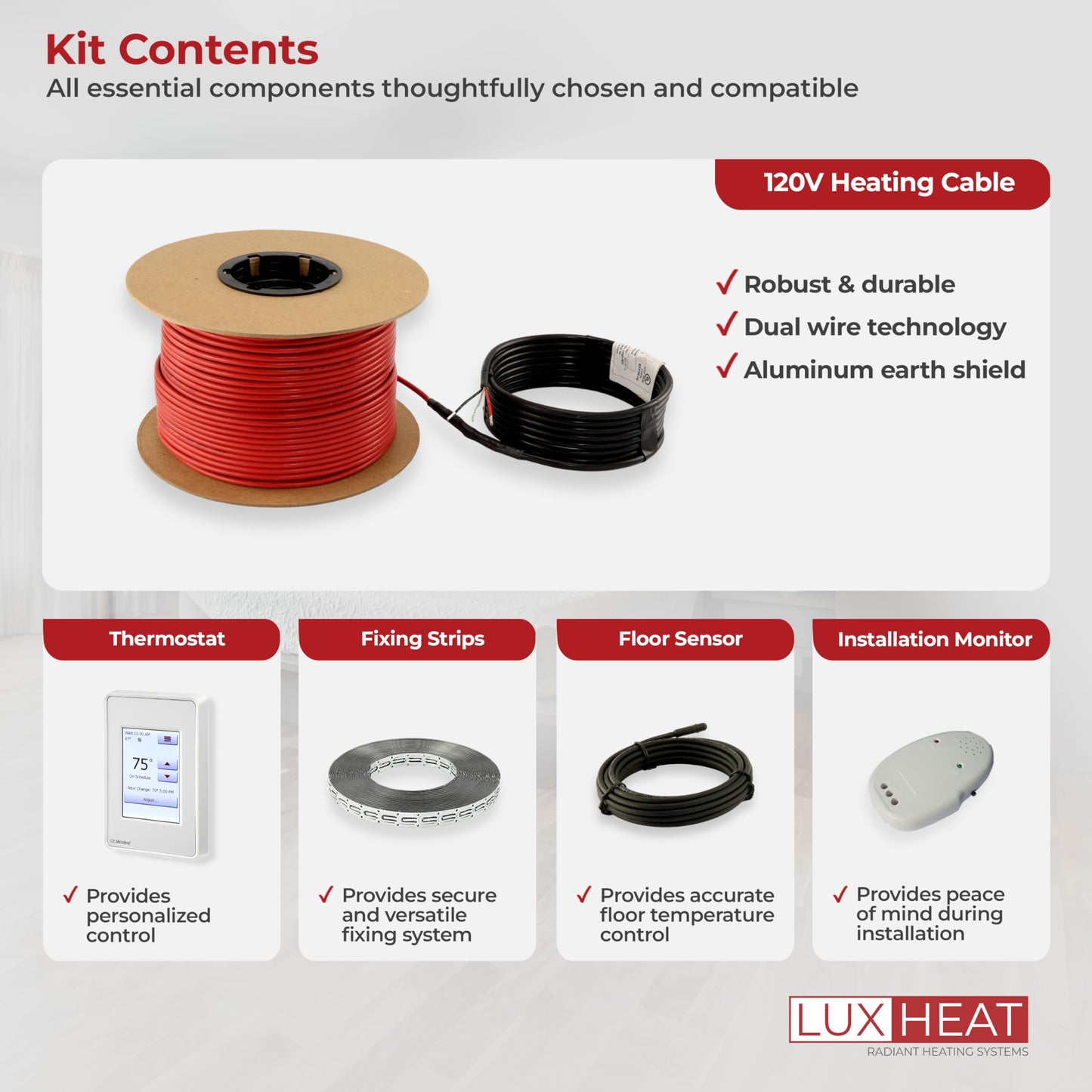 LuxHeat 20sqft Floor Heating Cable Kit - 120v Heated Tile Floor Kit - Heated Flooring System Includes UDG4 Programmable Thermostat w/GFCI, Electric Heat Cable, Strapping, Flooring Sensor & Alarm