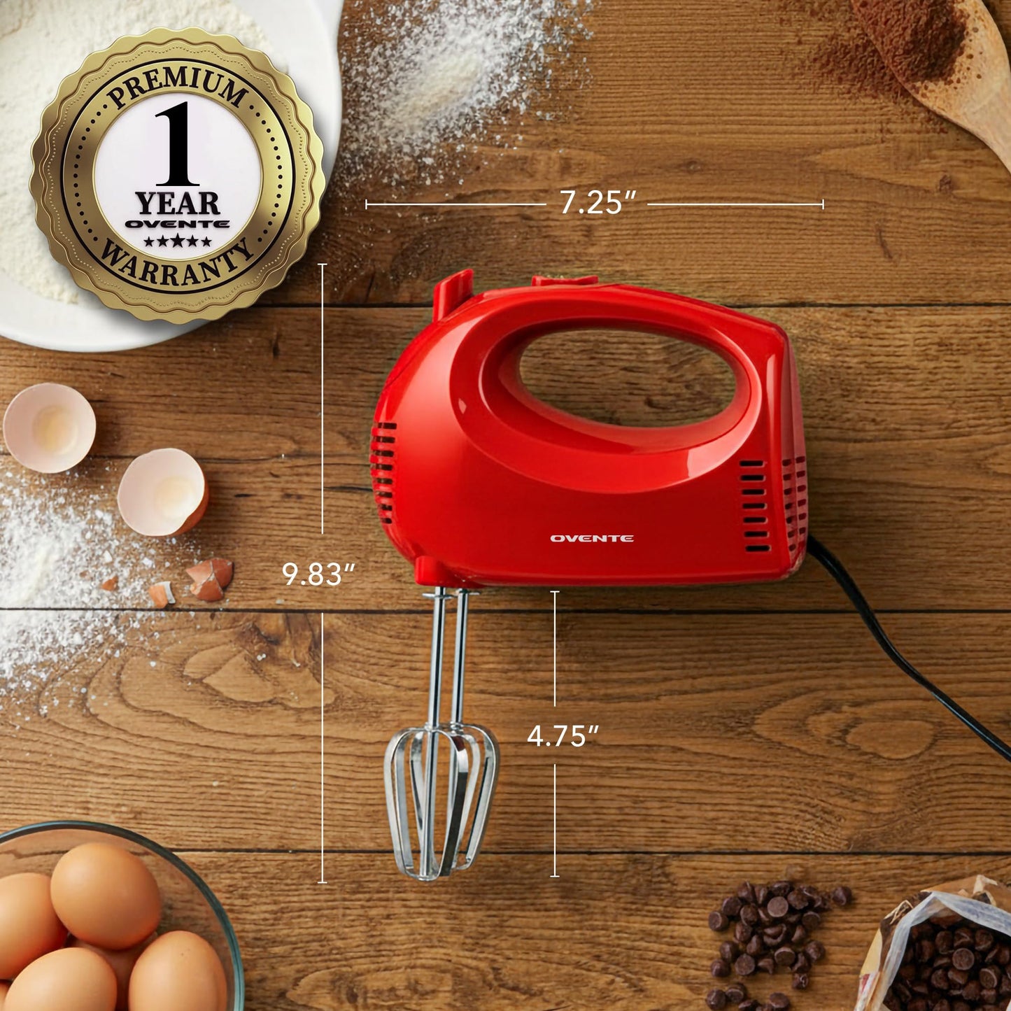OVENTE 5-Speed Corded Electric Hand Mixer with Stainless Steel Whisks, Compact Portable Design with Snap-On Storage Case,150W Lightweight Handheld Mixer for Baking & Cooking, Red HM151R