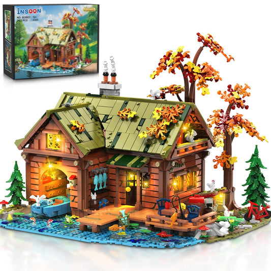 INSOON Overwater Cabin Mini Building Set with Light, 2423 PCS Wooden Forest House Building Block Toy with Boat Bike Animals, Home Decor Treehouse Construction Model Kit for Adults Teens Boys Girls 12+