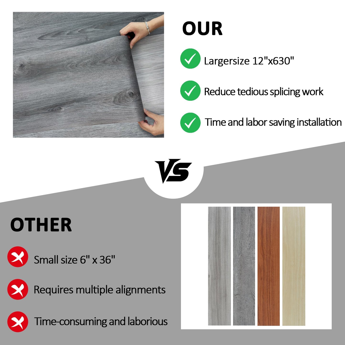 Lareko Peel and Stick Floor Tile – 197" Length 12" Width Roll - Dark Brown Self-Adhesive Vinyl Flooring Waterproof, Wide Wood Plank for Easy Installation, Bedroom, Kitchen (16 Sq.Ft