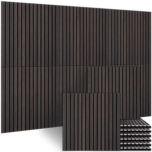 BUBOS Large Acoustic Wall Panels, 6-Pack 24" x 24" x 0.7" Faux Wood Slat Sound Absorbing Panels, High-Density Soundproof Wall Decor for Recording Studio, Home Theater & Gaming Room，Slat Flow Black Oak