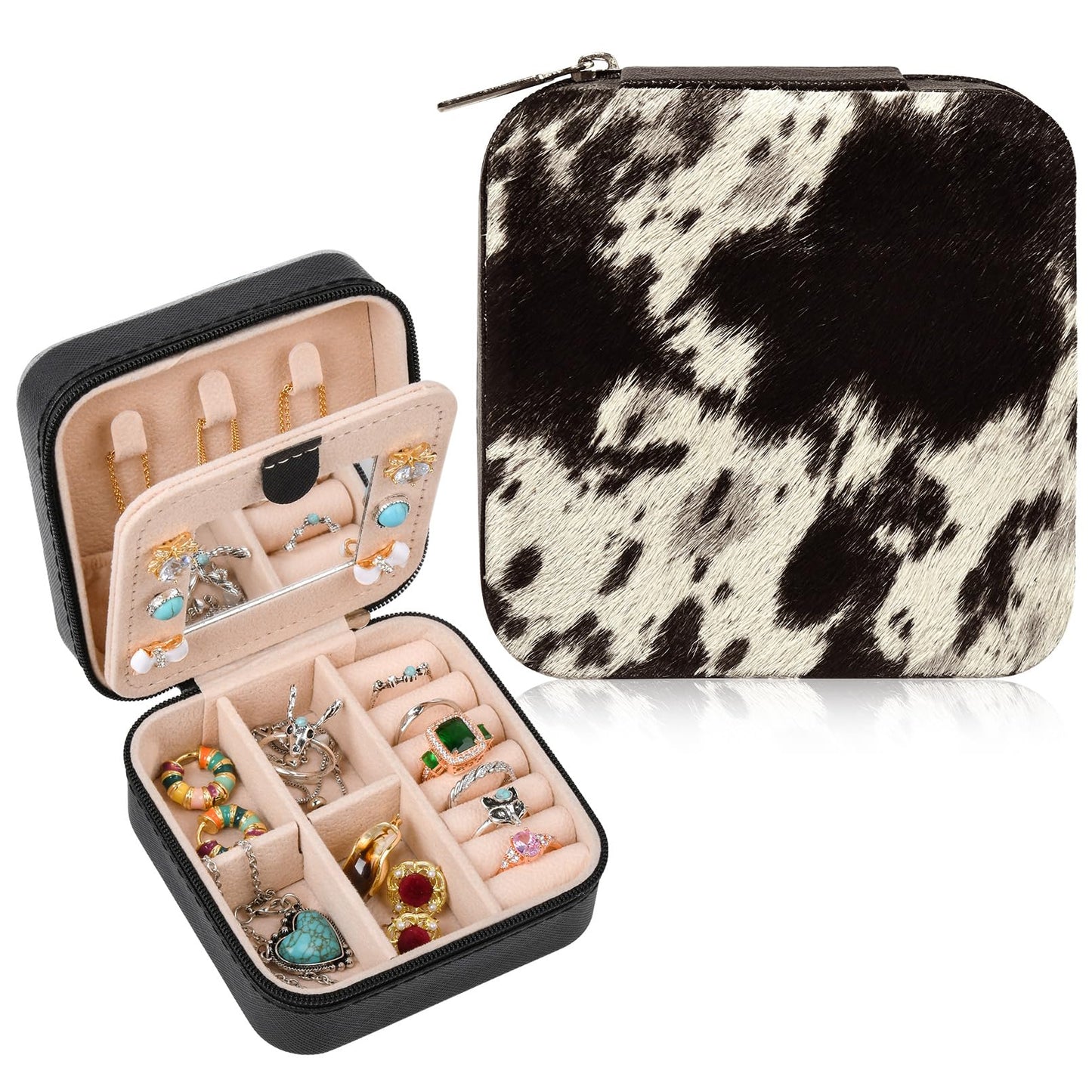 DEEKA Western Jewelry Box Case Real Leather Cow Print Cowhide Tooled Travel Jewelry Organizer Gifts Christmas Gifts for Women Country Girls Cowgirl Stuff Portable Travel Accessories -Black