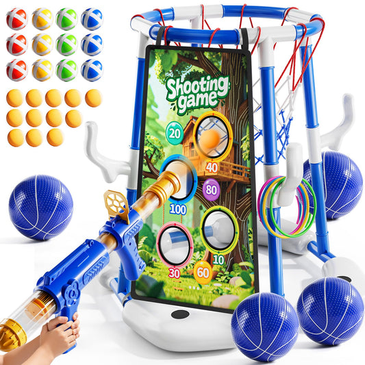 NIPLOOOW Pool Basketball Hoop, 4-in-1 Floating Pool Toys Ring Game with 4 Balls, Air Pump Launcher and Sticky Balls, Outdoor Swimming Pool Basketball Game Water Toy Family Party for Kids Age 3-12