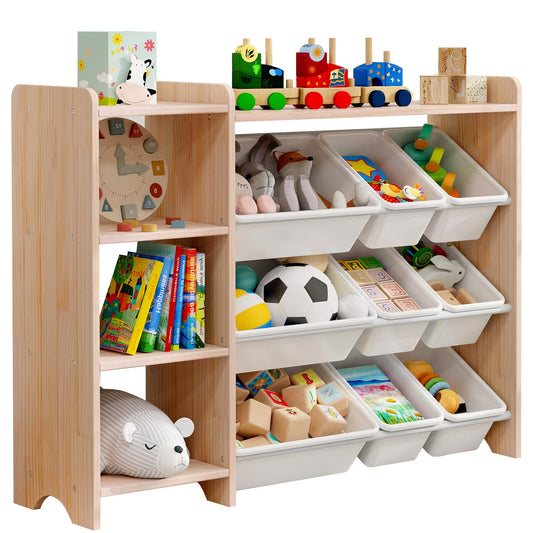 MallBest 4-Tier Kids' Toy Storage Organizer Shelf - 100% Solid Wood,Children's Storage Cabinet with 9 Plastic Bins and and 3 Storage Ports (Varnish-Single Color)