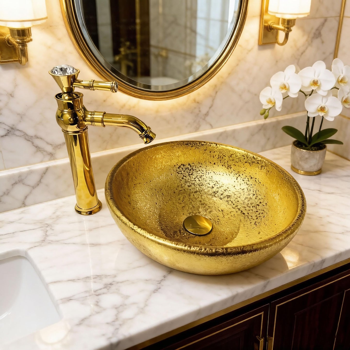HOPESTAR Luxury Gold Ceramic Wash Hand Basin Round Vessel Sink, 15.8 x 15.8 x 5.9 Inches, Metal-plated Porcelain Washbasin,Art-filled Wash Fountain Bathroom Basin Circular Sink