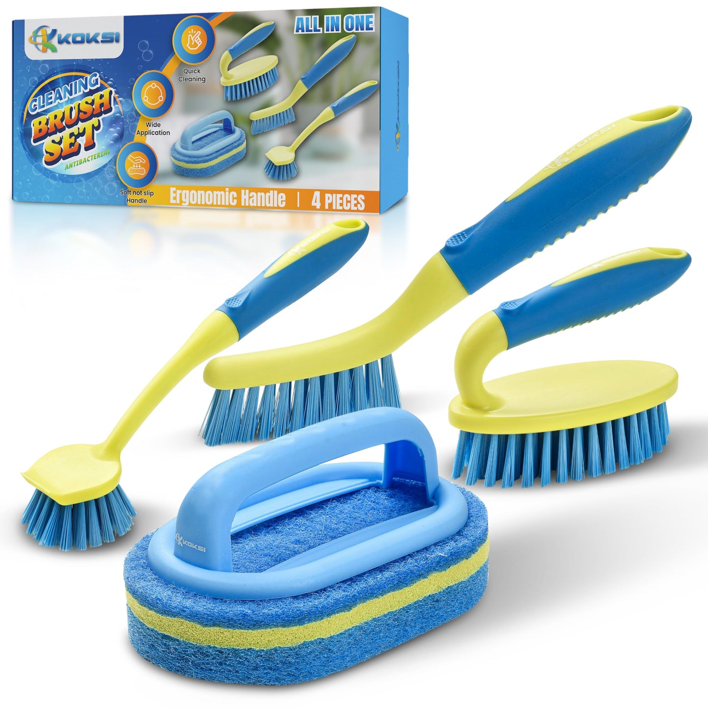 Scrub Brush Set for Bathroom Kitchen Bathtub Toilet Deep Cleaning Brush Tools All Purpose Cleaner Sponge Scrubbing Brushes with Ergonomic Handle, 4-Piece