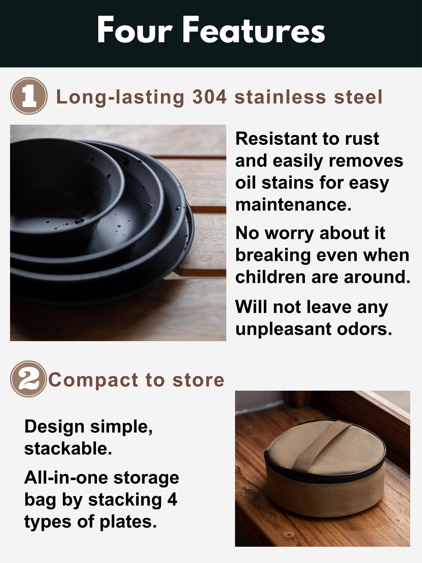 CAMPINGMOON Camping Tableware Set Stainless Steel Camping Plates Bowl Stackable Outdoor Dinnerware Canvas Carry Case Camping Hiking Picnic (4, Black (Titanium Oxide Coating))