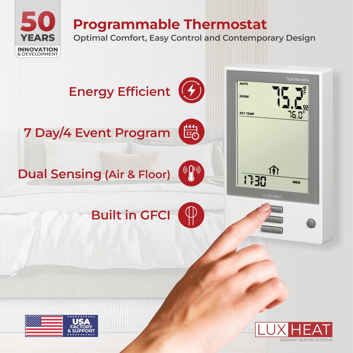 LuxHeat 60sqft Floor Heating Mat Kit – 120v Electric Radiant In Floor Heating System – Heated Flooring System for Tile & Laminate - Includes UDG Programmable Thermostat w/GFCI, Alarm & Sensor