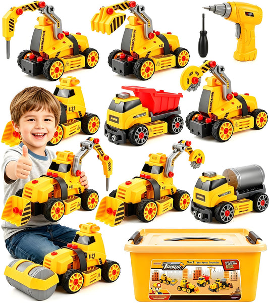 FLY2SKY Take Apart Toys for 3 4 5 6 7 8 Year Old Boys 9 in 3 Construction Toy with Electric Drill Take Apart Truck Set DIY Engineering Building Toy Push & Go STEM Toy Gift for Boys Toys Age 6-8