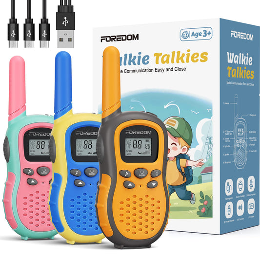 FOREDOM Rechargeable Walkie Talkies for Kids Walkie Talkies Long Range for Boy & Girl Age 3 to 12 Year Old Birthday Toys with Flashlight, 3 Pack