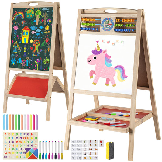 Kids Wooden Easel with Abacus, Double Sided Magnetic Drawing Board Dry Erase Whiteboard & Chalkboard， Foldable Easel for Toddlers 2-4 Years Painting Easel Kids 3-6
