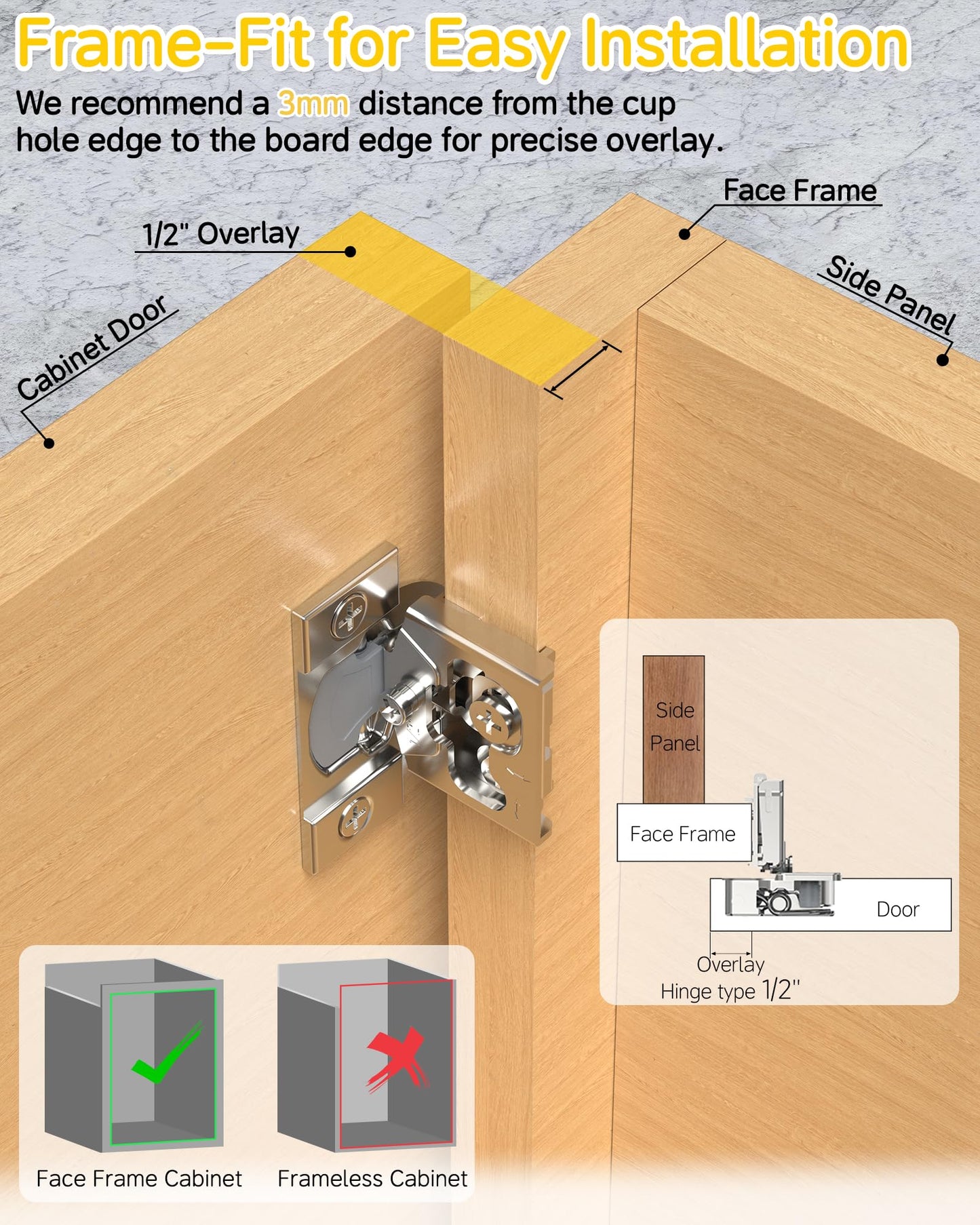 Onemake 20 Pack 1/2" Overlay Face Frame Soft Close Cabinet Hinges, 105° Concealed Hinge, Smooth Slow Self Closing, 3D Adjustable, Hidden Hardware Replacement for Kitchen, Wardrobe, Cupboard Door
