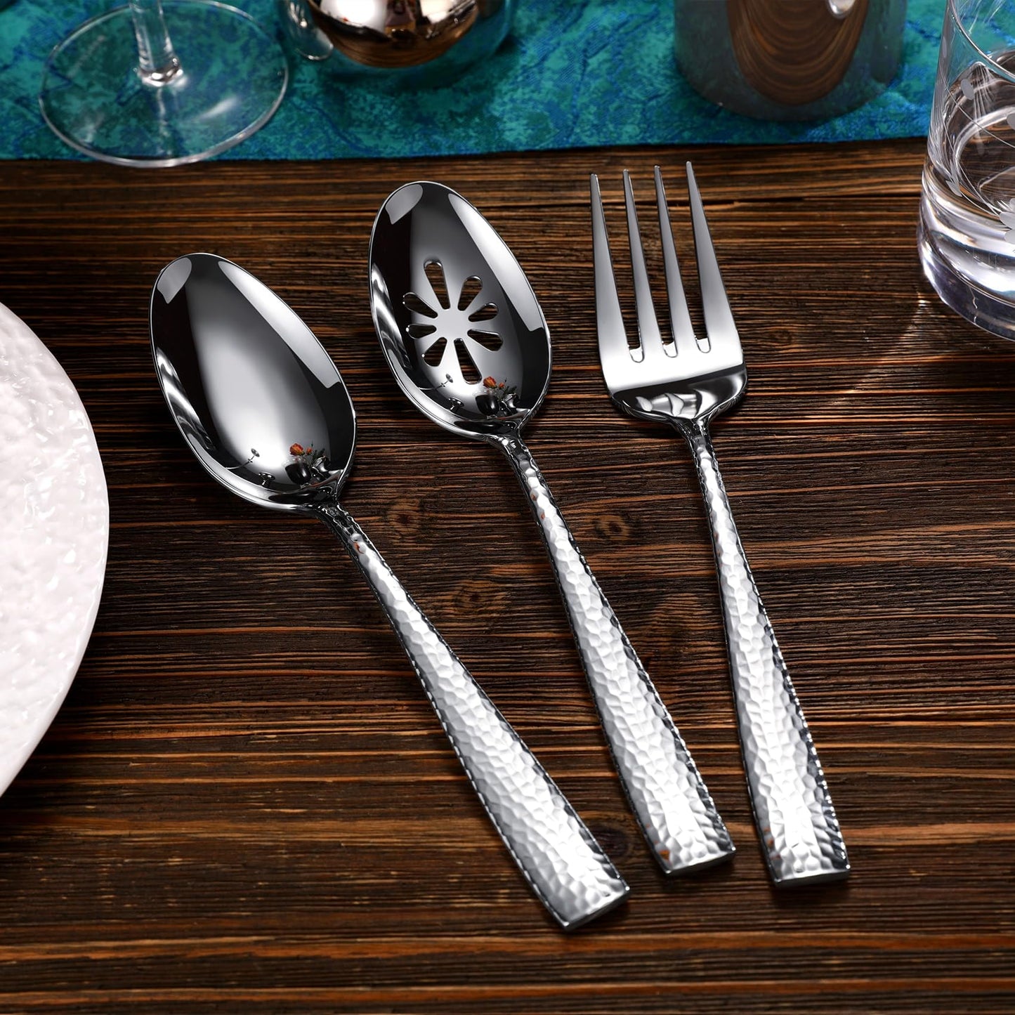 KEAWELL Premium Louis Hammered Table Utensils, 18/10 Stainless Steel, Squared Edge, Mirror Finish, Dishwasher Safe (Serving Forks, Set of 2)
