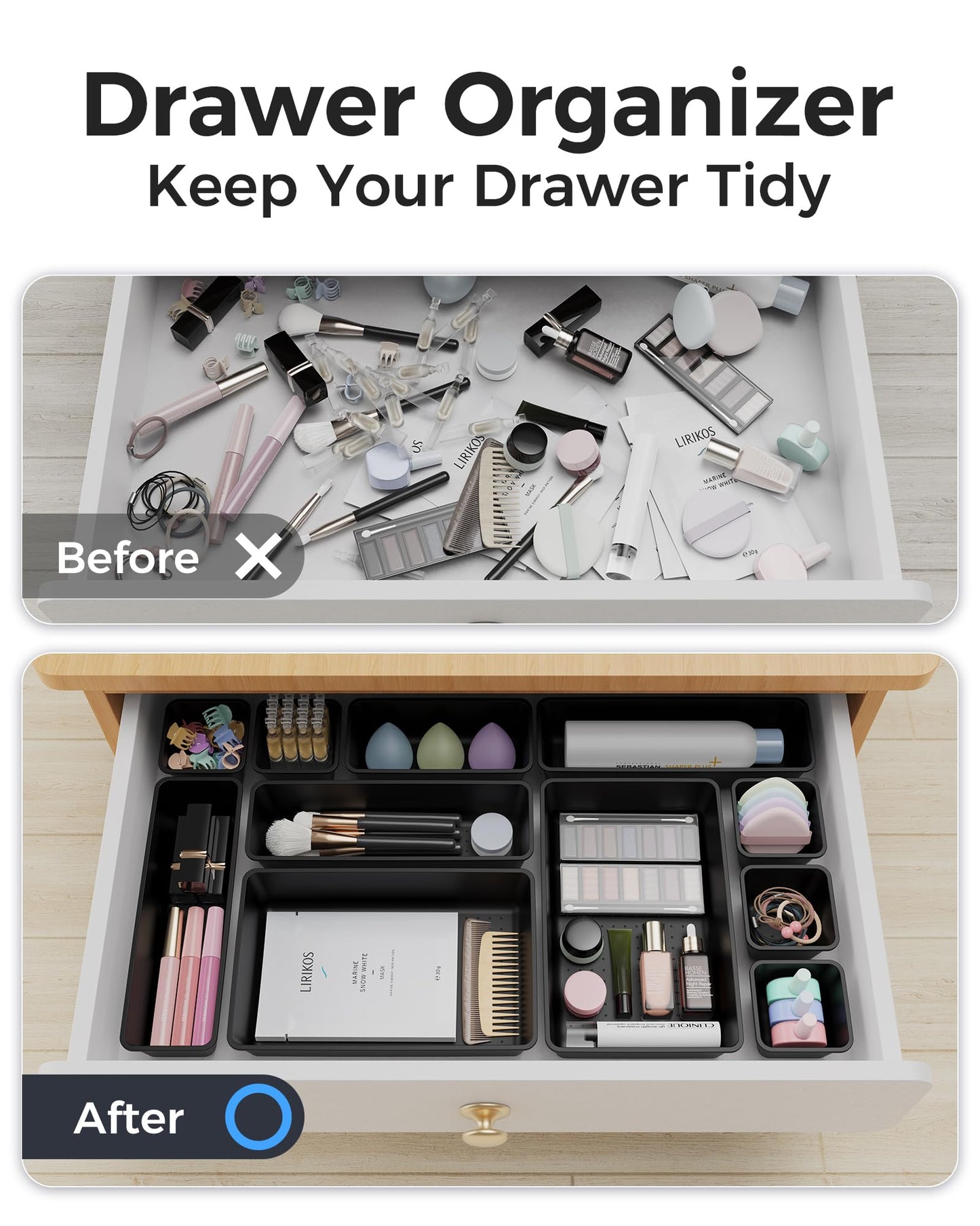 BiuLeon 25 PCS Plastic Drawer Organizers Set, 4-Sizes Vanity and Makeup Organizer, Desk and bathroom Drawer Organizer Trays, Organizers and Storage for Makeup, Jewelry, Gadgets, Utensils (Black)