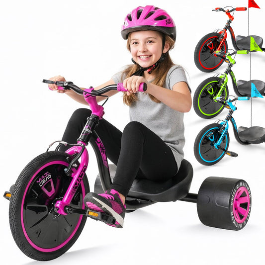 Drift Trike for Kids Ages 5+ – 16" Front Wheel Ride-On with Adjustable Seat, Steel Frame, Rear Slick Drift Wheels & Safety Flag – Madd Gear (Pink/Teal)