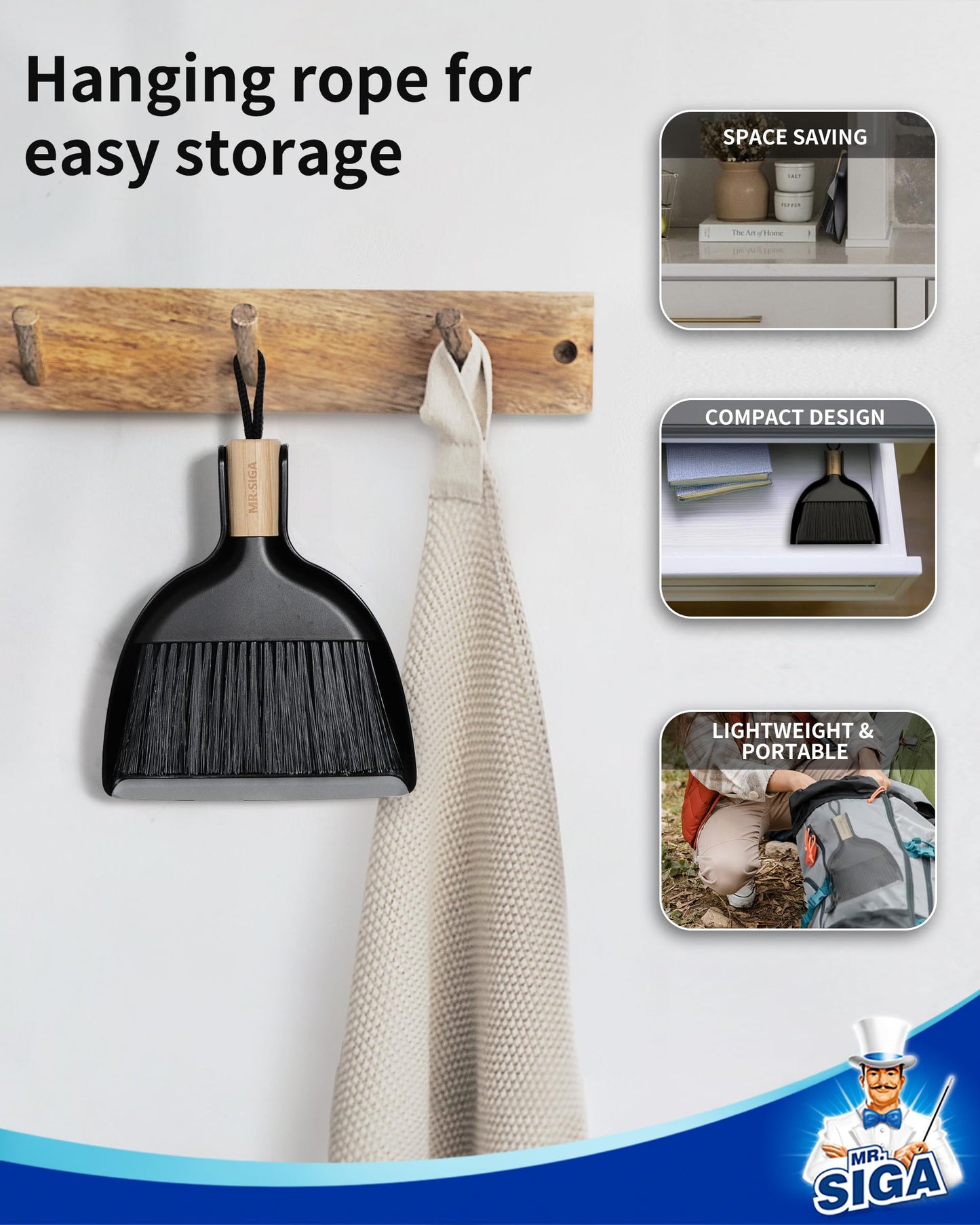 MR.SIGA Mini Dustpan and Brush Set, Portable Cleaning Brush and Dustpan Combo with Bamboo Handle, Black, 1 Set