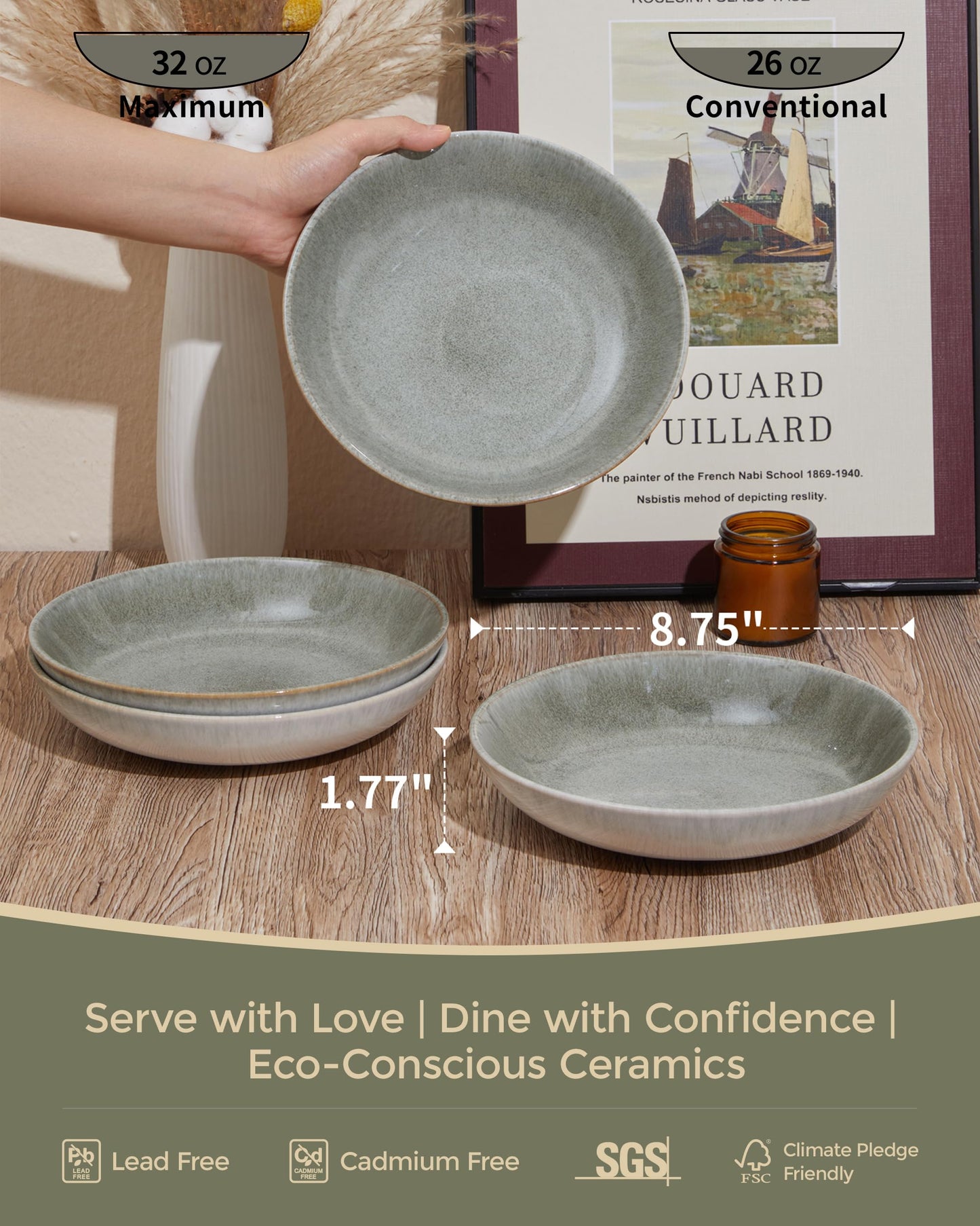 Pokini Pasta Bowls of 4, 32 Oz Salad Bowls Soup Bowls, Large Pasta Serving Bowl Porcelain Pasta Plates, Wide and Deep Bowls Set Microwave & Dishwasher Safe-Gradient Green