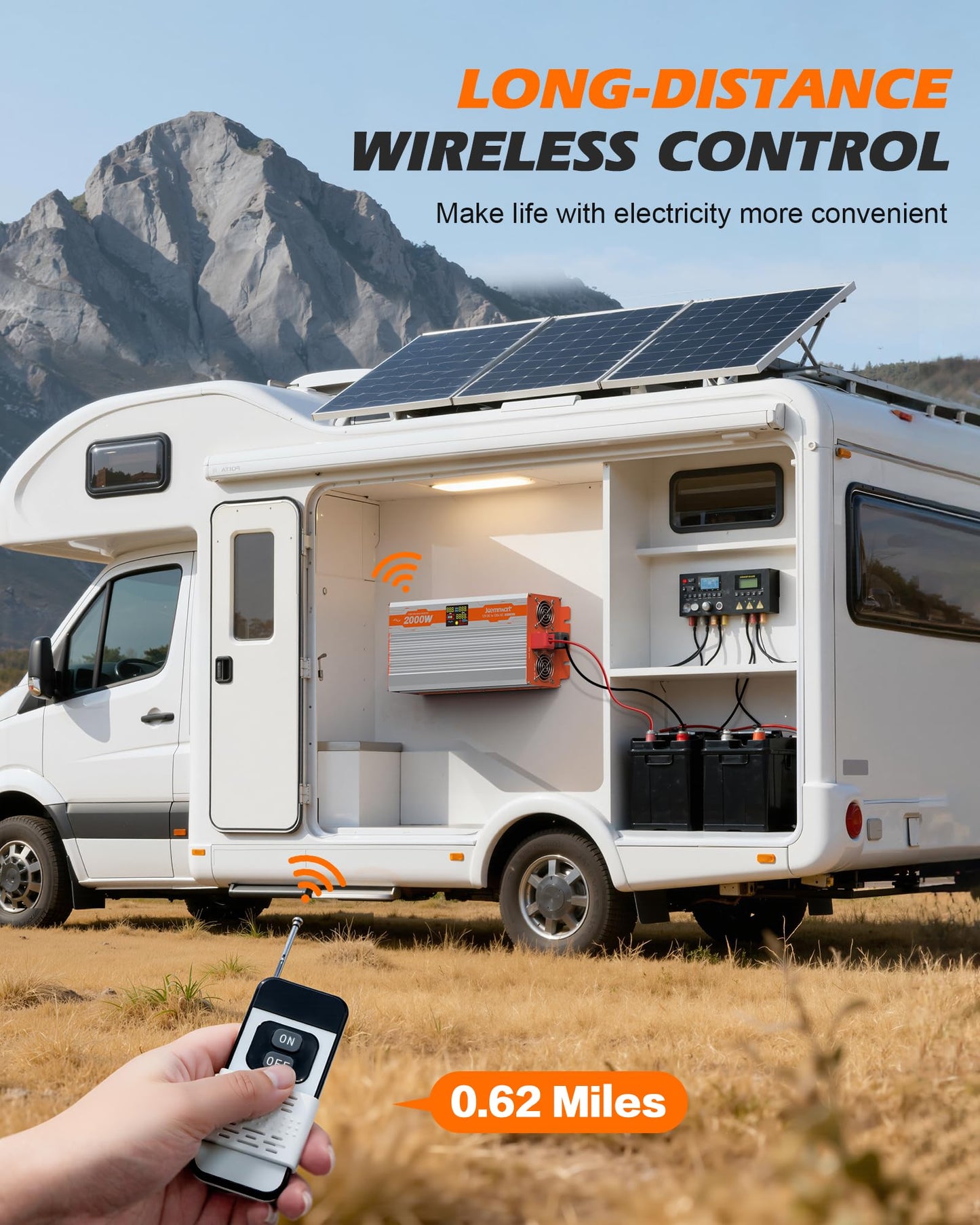 JOEMNWART 2000W Pure Sine Wave Power Inverter, 12V to 120V AC Converter, 4000W Peak Inverter for RV, Truck, Solar with Dual AC and 20A Outlet,4 Quick Charging USB Ports, Remote Controller