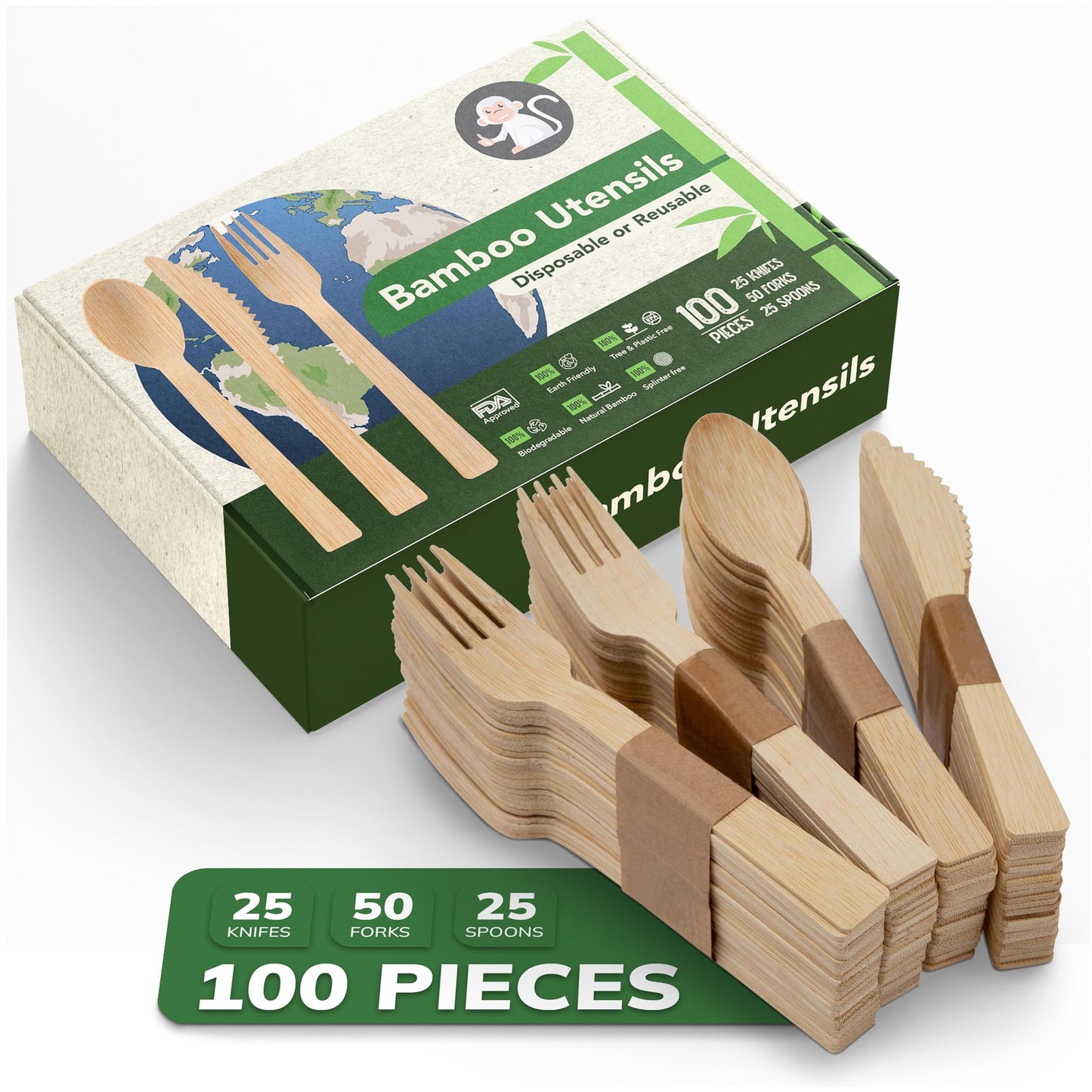 Albino Monkey Wooden Cutlery Set - 100 Pcs Disposable Bamboo Forks, Spoons, Knives - Compostable 100% Natural Bamboo Utensils for Parties, Picnics, Camping, Weddings - Eco-Conscious Dining Supplies
