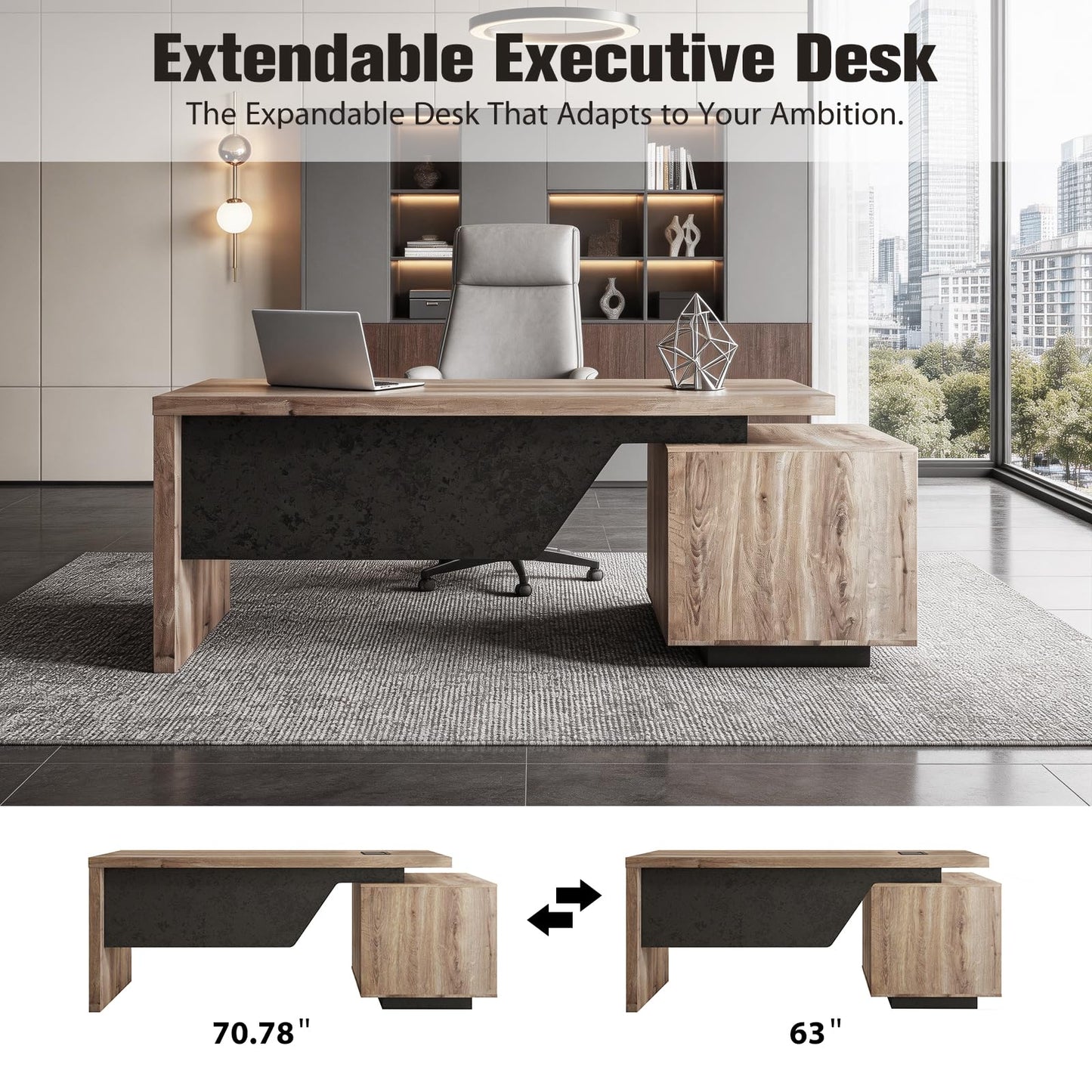 SAINTCY Modern Executive Desk with Storage Cabinet, Configurable Length 62.99" or 70.87", Large Office Desk with 2 Drawers, Home Office Desk with Reversible Cabinet &Cable Management (Mahogany, Left)