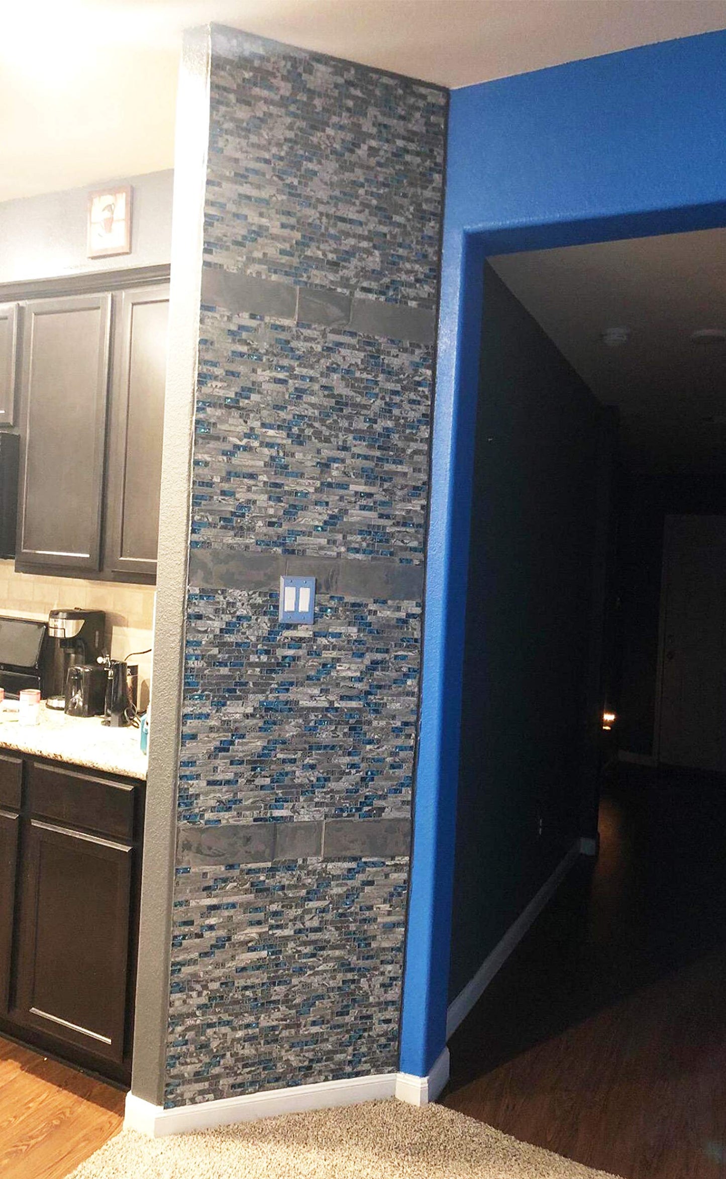 Blujellyfish Gray Marble Tile for Kitchen Backsplash 12 in. x 12 in. x 8 mm Teal Blue Glass Mosaic Bathroom Shower Wall Linear Tiles (Pack of 5 Sheets)