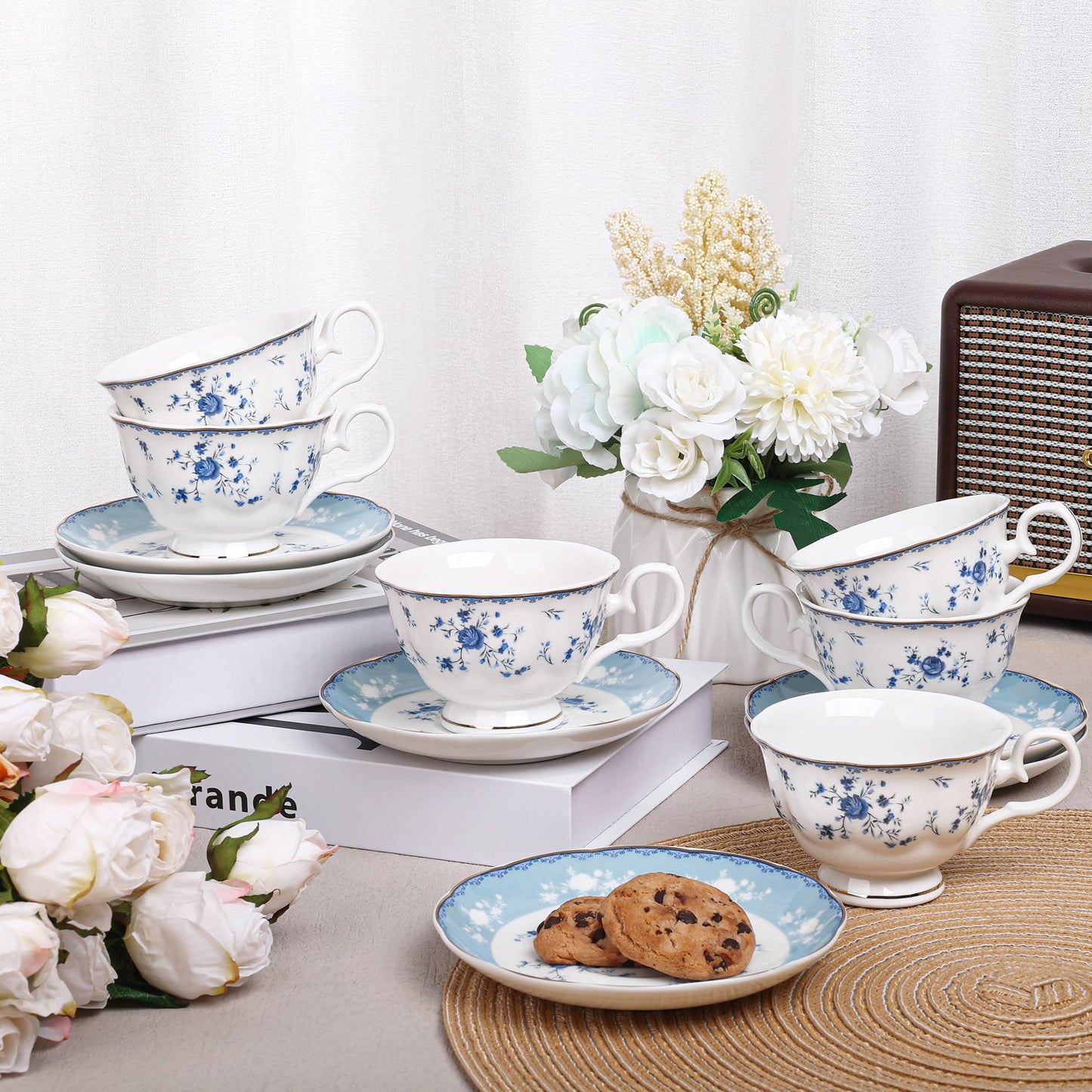 fanquare 5 Ounces Blue Rose Tea Cup Set of 6, Gold Trimmed Porcelain Coffee Cups for Party Home, Vintage British Afternoon Cup and Saucers