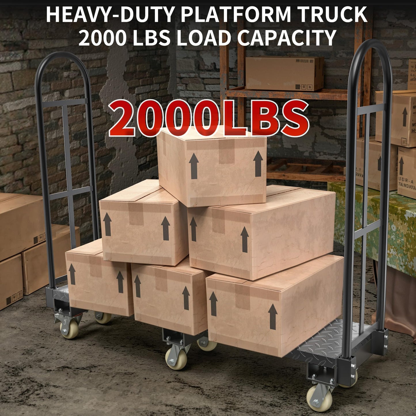 YITAMOTOR Heavy Duty Narrow Aisle U-Boat Platform Truck Dolly, 60.2 x 15.7 x 60.6 Inch U-Boat Cart with Thick Steel Deck 2000 Lb. Capacity with 6 Casters(2 Swivel Wheels with Brake)