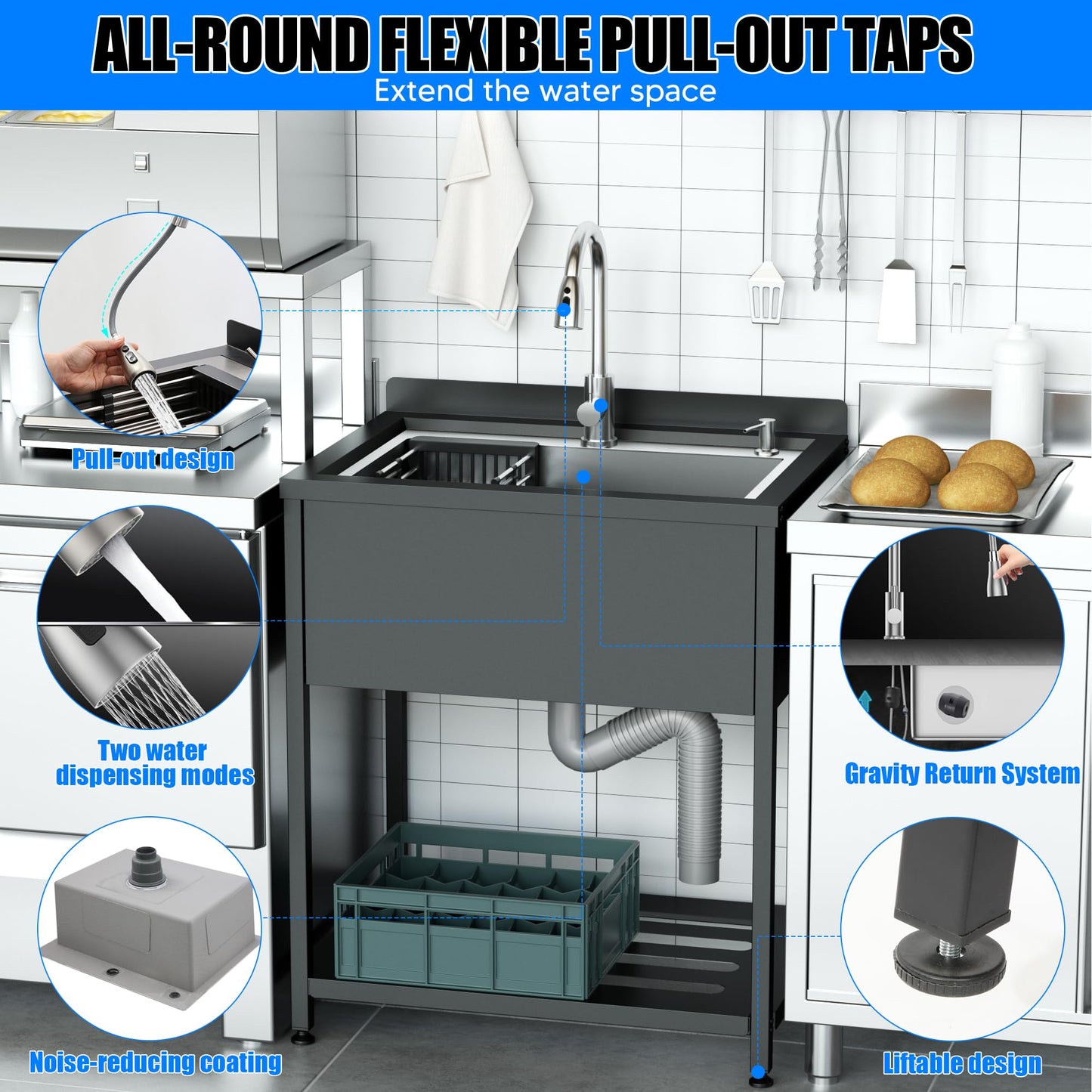 30inch Stainless Steel Utility Sink, Commercial Kitchen Single Bowl Sink with Cold and Hot Water Faucet,Hoses and Drain Kit,Stainless Utility Sink for Kitchens, Bathrooms, Garage, Laundry Room