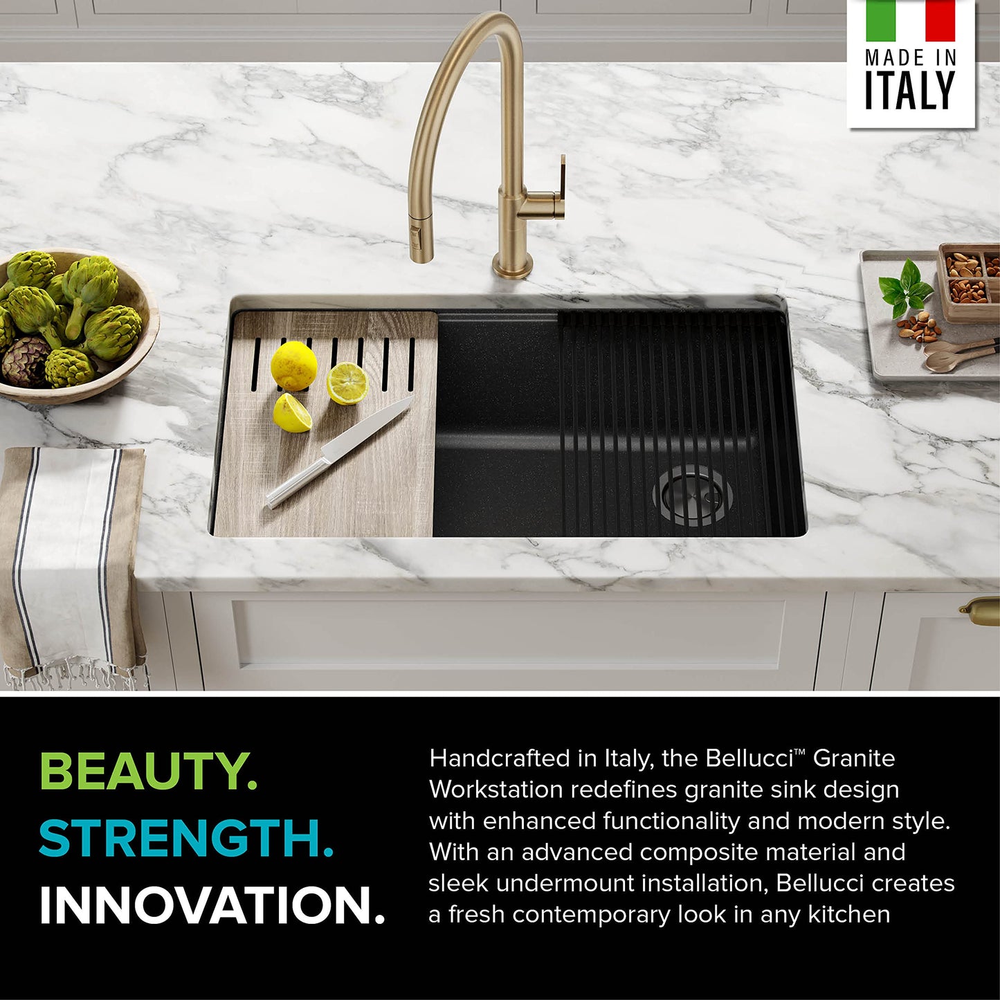 KRAUS Bellucci 32” in. Undermount Workstation Granite Kitchen Sink in Metallic Black with Accessories, KGUW2-33MBL