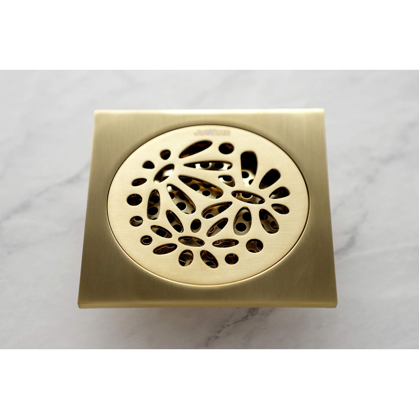 Floral 4" Brass Square Grid Shower Drain with Hair Strainer, Brushed Brass