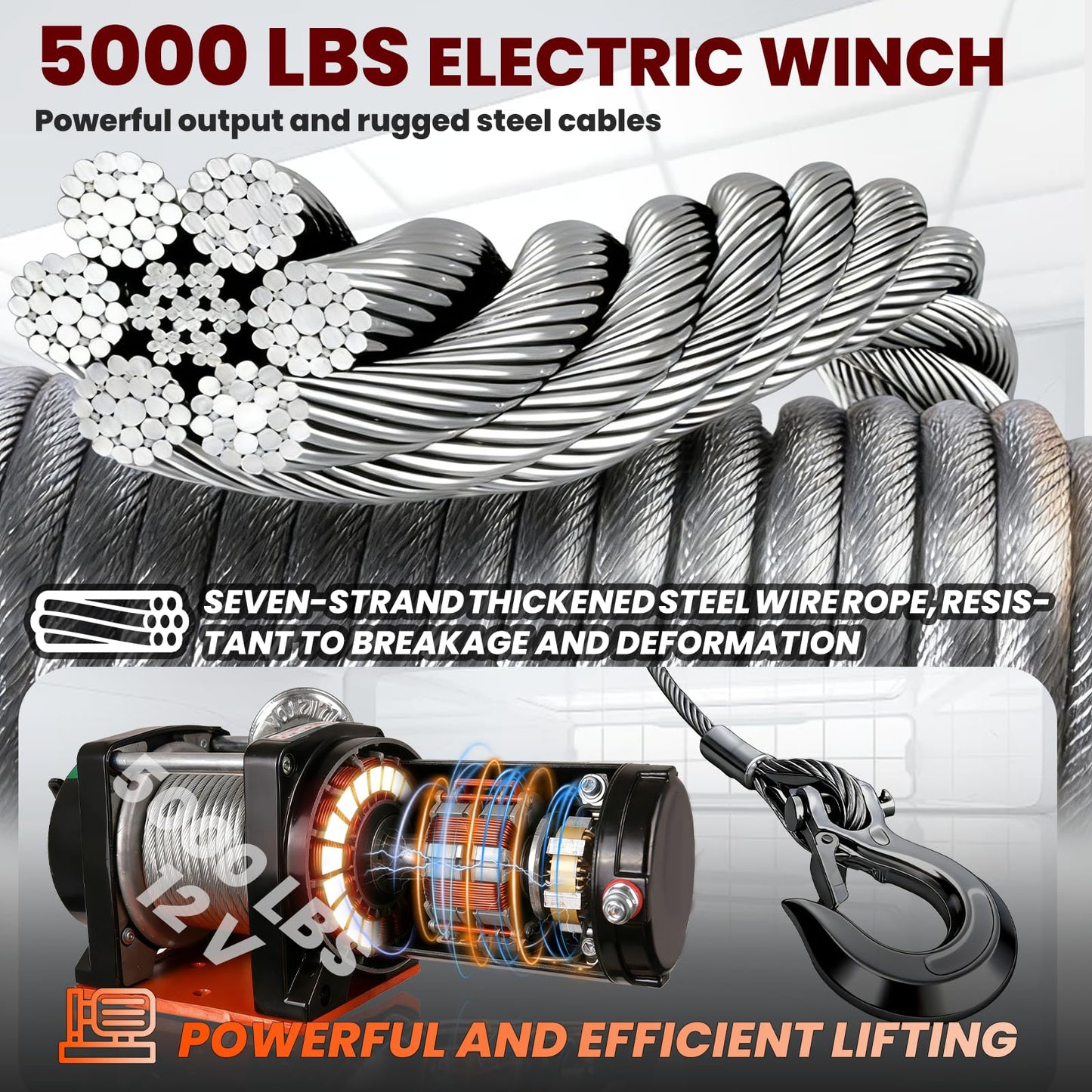 DEFNES 7000LBS Truck Bed Crane, 5000LBS 12V Electric Winch, Painted Alloy Steel Pickup Truck Jib Crane 360° Swivel Lift Electric Hoist, 3 Adjustable Loads & Heights, Truck Crane for Truck (5000LBS)